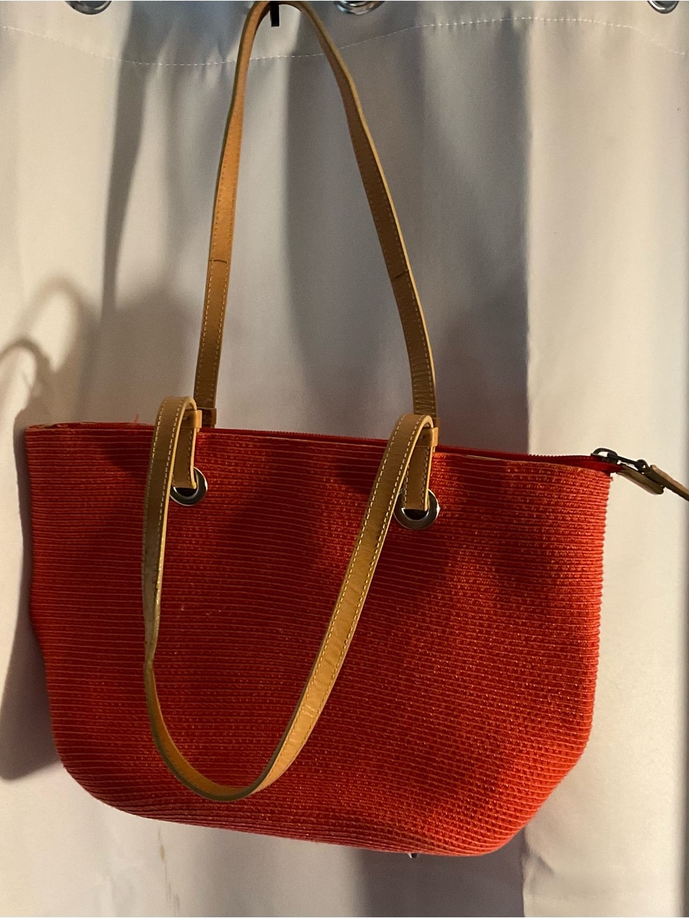 Talbots Red Woven Tote with Tan Leather Straps